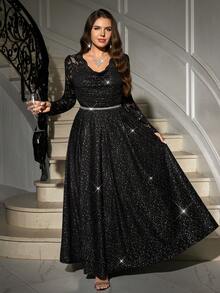 Clasi Vestido elegante de encaje y parches para fiesta de talla grande - Negro - Ver 5