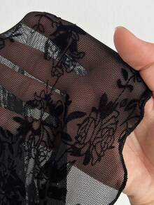 Viva Relle 大码女式花卉植绒网纱喇叭袖褶皱时尚上衣 - 黑色 - 查看 6