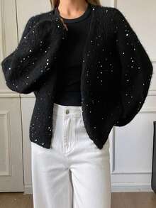 Livesso 女士休闲V领亮片开衫，秋季款 - 黑色 - 查看 6