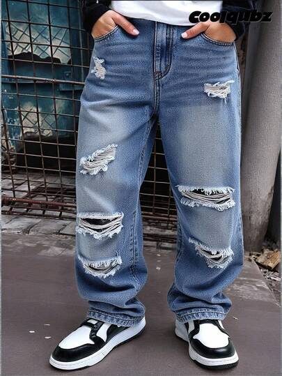 Denimly Boys' Preppy Outdoorsy Style Elastic Waist Zip Closure Ripped Design Straight Leg Jeans Chic Outfits For Autumn/Winter Fall