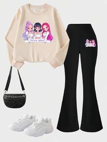 SHEIN 2件套女童休闲韩流卡通人物印花卫衣和黑色打底裤套装，秋冬装，韩流粉丝及日常穿着皆宜 - 彩色 - 查看 2