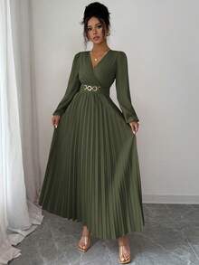 Elenzga Vestido plisado elegante, adecuado para volver al colegio, cumpleaños, boda - Verde - Ver 5