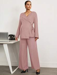 MaterniWear 优雅孕妇通勤纯色系带衬衫和裤子套装 - 藕粉色 - 查看 4