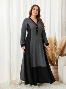 Lacomfia Plus Size Color Block Long Sleeve Knit Casual Comfortable Long Ribbed Sweater Dress Fall - Dark Grey - View 7