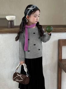 DAZY Young Girls Round Neck Heart Print Short Sleeve Sweater, Autumn/Winter - Grey - View 2