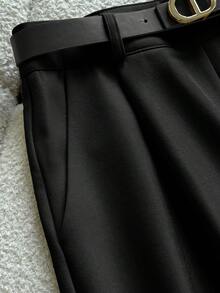 GlowEve 2 pièces Ensemble élégant de chemise à manches longues rayée et pantalon avec poches et ceinture pour femmes, idéal pour le trajet domicile-travail - Noir - Voir 3