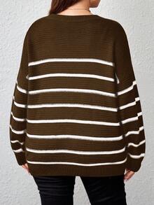 EMERY ROSE Plus Size Loose Fit Plus Size Faux Cashmere Pullover Sweater With Contrast Color Stripes In Fall/Winter - Brown - View 2