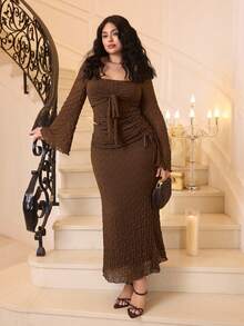 SHEIN MOD Bộ váy đuôi cá tay loe họa tiết gợn sóng màu nâu cỡ lớn, bộ 2 món họa tiết cổ điển cho mùa thu/đông - màu nâu - Xem 10