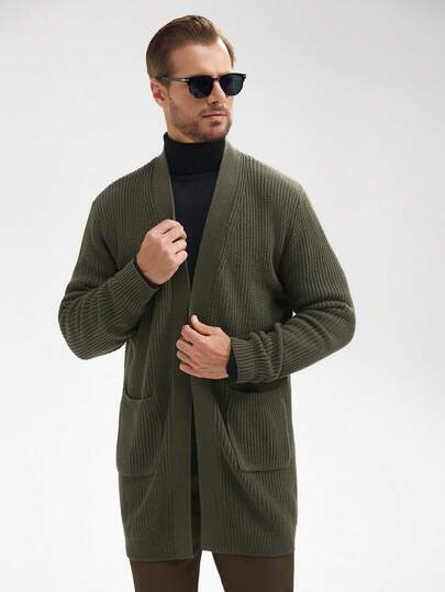 Marvello Homme Loose Fit Men's Solid Ribbed Knit Duster Cardigan, Long Sleeve Top