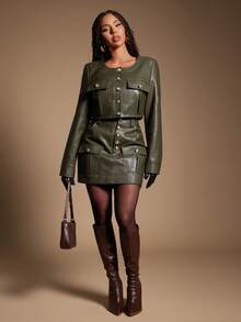 Radiana 女士新款春秋季PU皮革纽扣装饰修身迷你裙，时尚休闲别致修身半身裙 - 軍綠色 - 查看 5