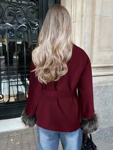 Aloruh Women's Elegant Wine Red Woolen Coat With Raglan Long Sleeves And Furry Cuffs, Autumn/Winter - Burgundy - View 2