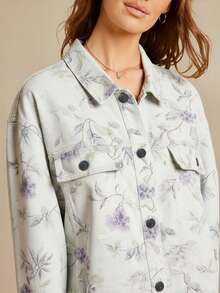 WESTFADE Floral Print Collared Button Front Long Sleeve Oversized Denim Shirt Jacket For Fall Back To School Country Concert - Dusty Purple - View 3