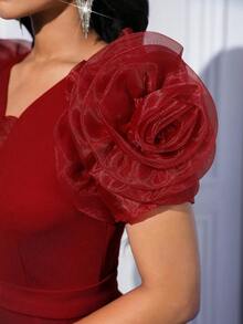 SHEIN Lady Váy đỏ rượu thanh lịch cổ chữ V thắt eo cho nữ - Màu Đỏ Sâu - Xem 10