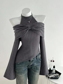Elamini 1pc Women's Charcoal Gray Personalized Delicate Halter Tie Bow Design Cold-Shoulder Asymmetric Hem Elastic Knit Casual Sweater, Autumn/Winter