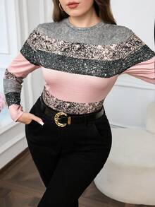 SHEIN Clasi Plus Size Elegant High Neck Fitted Leopard Print Long Sleeve Base Layer T-Shirt Work Work Tops For Women Work Wear - Multicolor - View 1