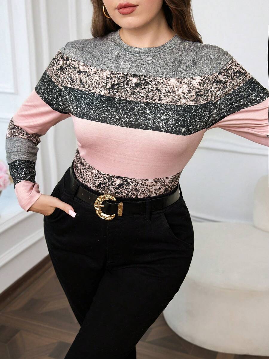 SHEIN Clasi Plus Size Elegant High Neck Fitted Leopard Print Long Sleeve Base Layer T-Shirt Work Work Tops For Women Work Wear - Multicolor - View 1