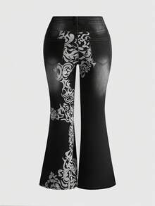 ROMWE Goth 哥特式复古花卉印花修身性感弹力大码喇叭牛仔裤 - 黑色 - 查看 3