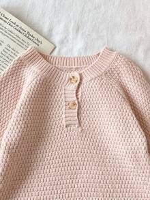 SHEIN Vintaside Kids 婴儿/女婴针织连体衣，长袖纽扣式连体衣，厚实柔软舒适面料，方便按扣，适合冬季、秋季、新生儿、婴儿、幼儿、万圣节、圣诞节、度假、节日、居家 - 米色 - 查看 7