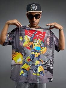 Transformers X SHEIN قميص تي شيرت رجالي كاجوال بطبعة روبوت بياقة مستديرة وأكمام قصيرة، صيفي - رمادي - مشاهدة 7