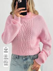 EURMUSE Damen Oversize Strukturpullover mit Zopfmuster und Korb-Stich Details vorne
