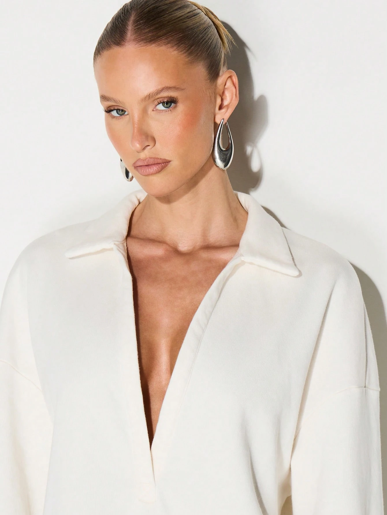 KIZN Plunge Neckline Oversized Button Blouse