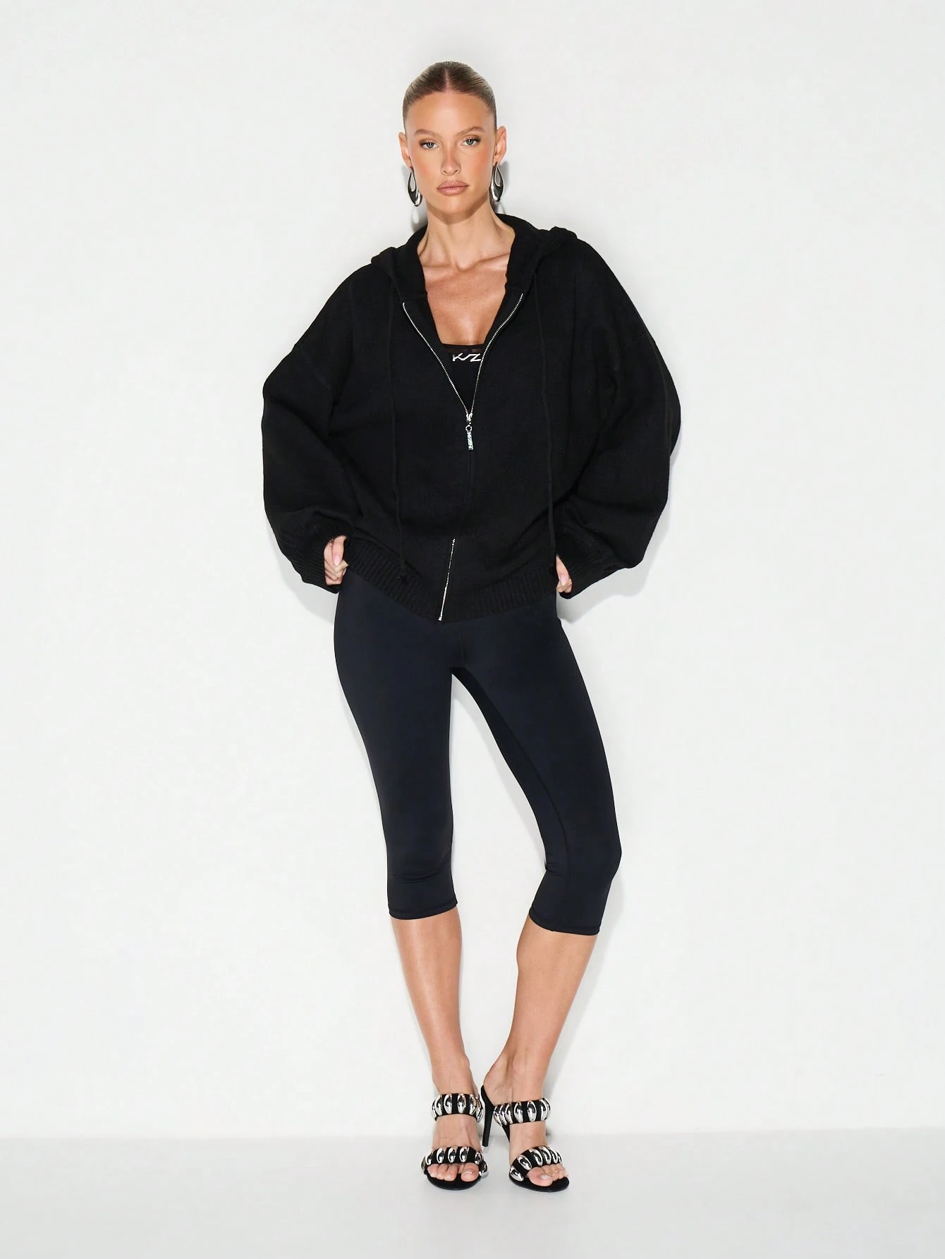 KIZN Chunky Knit Zip Up Hoodie With Drawstring