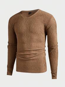 Manfinity VCAY 2pcs/Set Men's Loose Fit V-Neck Long Sleeve Knit T-Shirts, Suitable For Autumn
