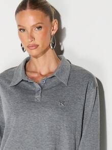 KIZN Long Sleeve Collared Polo Shirt For Women With Metal Tab Detail Fall Winter Casual Top - Mauve Purple - View 4