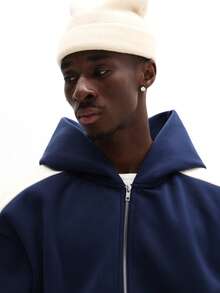 SUMWON 男士拉链连帽衫，背面印花图案设计，休闲宽松版型，街头服饰 - 藍色 - 查看 3