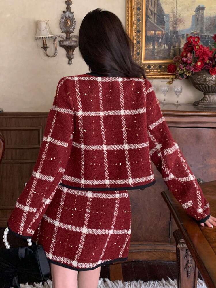 Women's Elegant Patterned Jacket And Skirt 2 Pieces Set, Autumn,New Year,Christmas