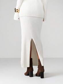MISSGUIDED 高腰罗纹针织长款半身裙 长款直筒毛衣裙 秋冬修身包臀裙 - 白色 - 查看 5