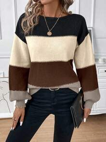 SHEIN LUNE Áo len dài tay cổ tròn phối màu đơn giản dành cho nữ - màu nâu - Xem 4