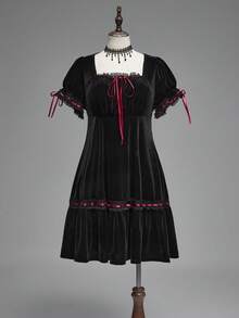 ROMWE Goth Spring/Summer PPlus Size Vintage Romantic Dark Sweet Flare Sleeve Velvet Waist Dress, Birthday Dress - Black - View 1