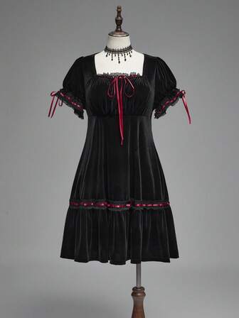 Goth Plus Size Vintage Romantic Dark Sweet Flare Sleeve Velvet Waist Dress, Birthday Dress