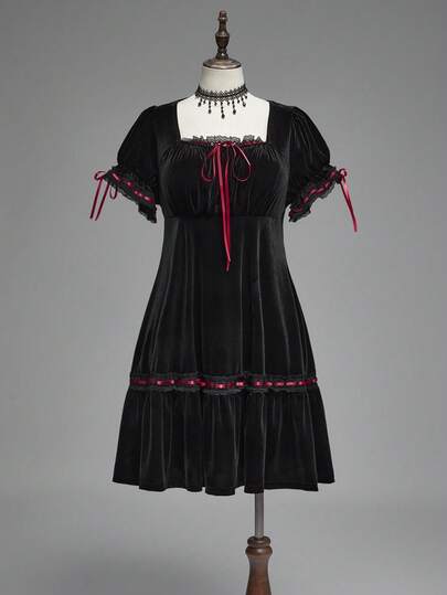 Goth Plus Size Vintage Romantic Dark Sweet Flare Sleeve Velvet Waist Dress, Birthday Dress