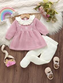 2pcs Baby Girl Outfit: Ruffled Collar Embroidered Sweater Dress + Casual Leggings, Cute & Minimalist Style Baby Set Autumn Winter Season Baby Girl Long Sleeve Outfit Baby Girl Knitted Outfit Baby Girl Knitted Outfits Baby Girl Winter Clothes Set Baby Girl Knitted Outfit Jumpsuit For Baby Girl Elegant Newborn Romper With Bow Baby Knit Jumpsuit Pink Bow Baby Outfit Baby Knitted Outfit Baby Set Autumn Winter Season Vintage Winter Baby Clothes Newborn Sweater Romper Neutral Baby Clothes Unisex - Pink - View 4