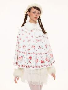 ROMWE Avant Hime Gyaru Cute & Sweet Print Faux Fur Collar Cape Jacket For Women - Apricot - View 4