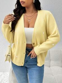 CosyJoli Plus Size Casual Heart Embroidered Cardigan Sweater/Winter - Yellow - View 2