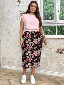 SHEIN LUNE 2 件套大码女式休闲花卉印花宽松圆领短款上衣和下装套装，适合夏季 - 彩色 - 查看 5