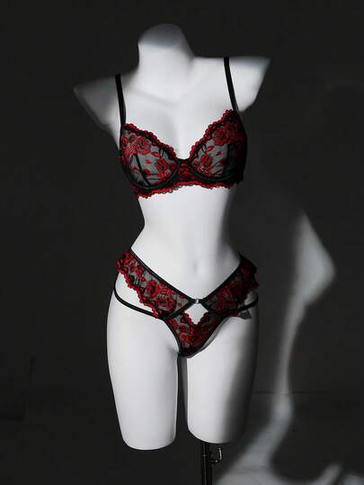 2pcs Sexy Lace Patchwork Underwire Bra Set