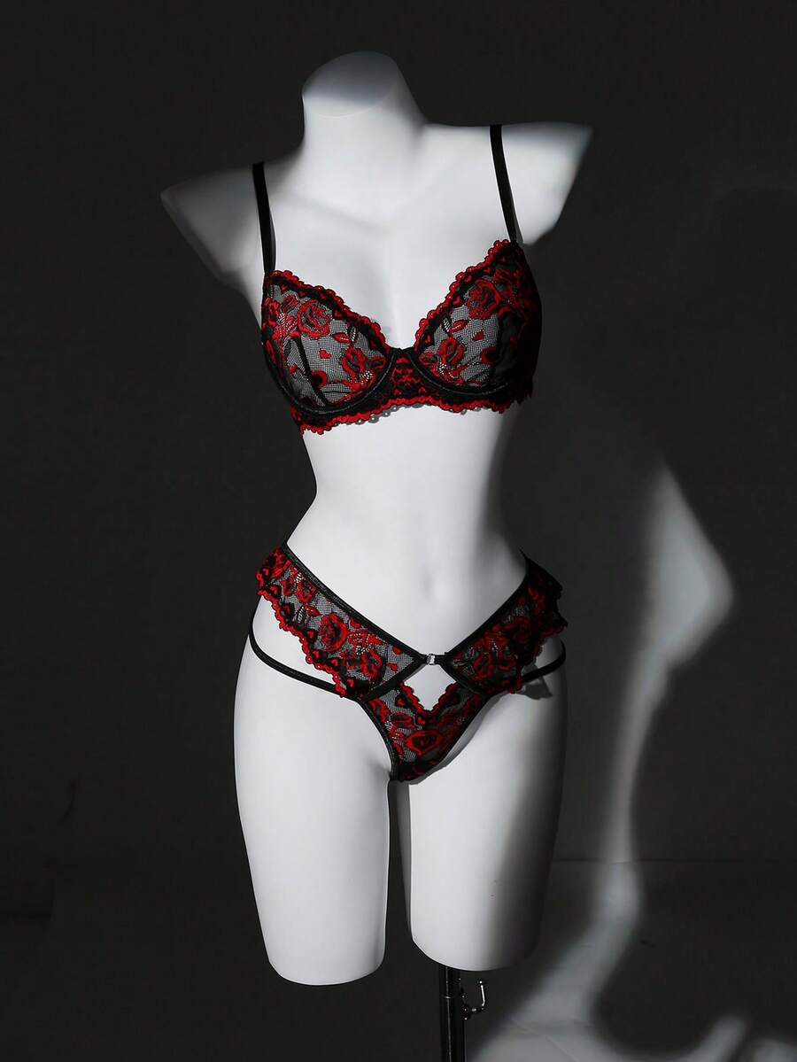 2pcs Sexy Lace Patchwork Underwire Bra Set - Black - View 1