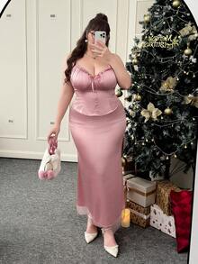 CovetEZ Damen Große Größen sexy romantischer Retro-Stil Trägerkleid mit Fischschwanz 2 Stücke Set - Altrosa - Übersicht 4