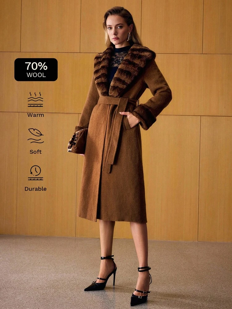WOOL FURRY SHAWL COLLAR OVERCOAT