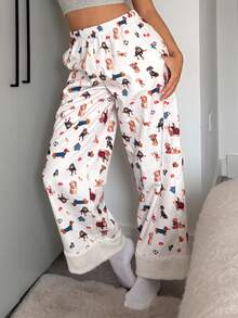 DAZY Dog Print Fleece Patchwork Design Cozy Winter Loose Women Fluffy Sleep Bottoms - White - View 3