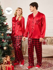 LuxeNights Weihnachts-Pyjama Set mit rotem Herz-Karomuster in Seidenlook für Frauen, Winterkleidung