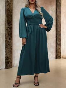 Roveilla Plus Size Women's Solid Color Criss-Cross V-Neck Lantern Sleeve Ruffle Waist Slit Hem Elegant Dress Maxi Women Outfit Teal Dressgreen Long Sleeve Dressteal Blue Dressplus Size Green Dresslantern Sleeve Dress - Teal Blue - View 5