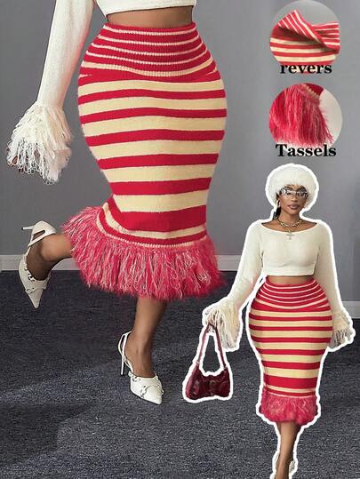 Maweii Falda midi de punto elástica de talla grande con diseño retro, rojo, lindo y elegante, estilo callejero millennial, Año Nuevo/Navidad, bloques de color, rayas, flecos, cintura elástica, para primavera, otoño e invierno