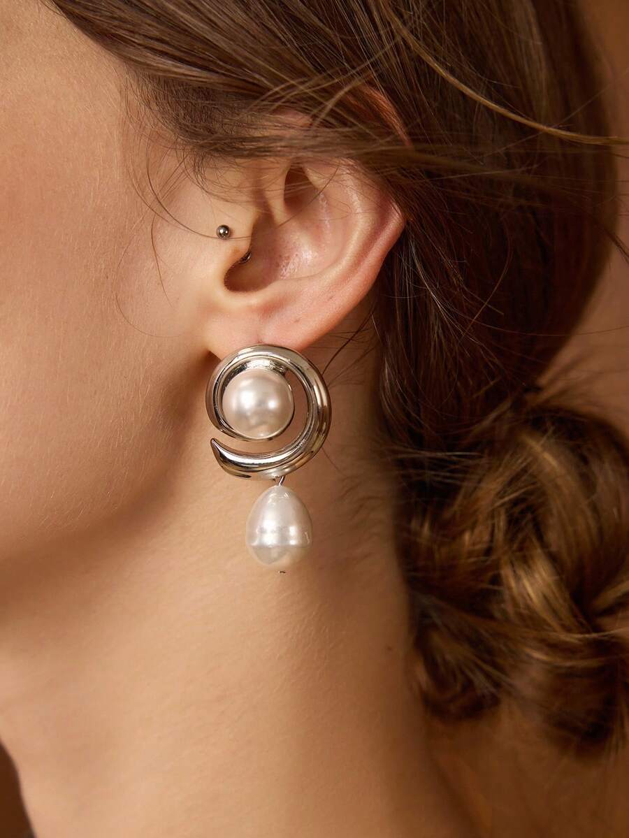 MOTF PREMIUM PENDIENTES DE PERLAS FALSAS SENCILLOS Y VERSÁTILES PARA MUJER, ESTILO CASUAL ELEGANTE - Plateado - Ver 1