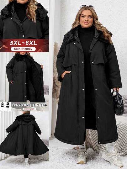 SHEIN CURVE+ Plus Size Women's Winter Long Sleeve Drawstring Waist Fluffy Hooded Thick Fleece Jacket