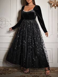 Flirla 优雅性感公主风复古珍珠亮片网纱天鹅绒派对舞会长裙，修身A字廓形，大码女装，秋冬款 - 黑色 - 查看 4
